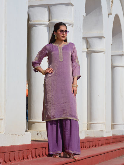 Lavender Art Silk Embroidered Kurta Set with Tabby Organza Dupatta