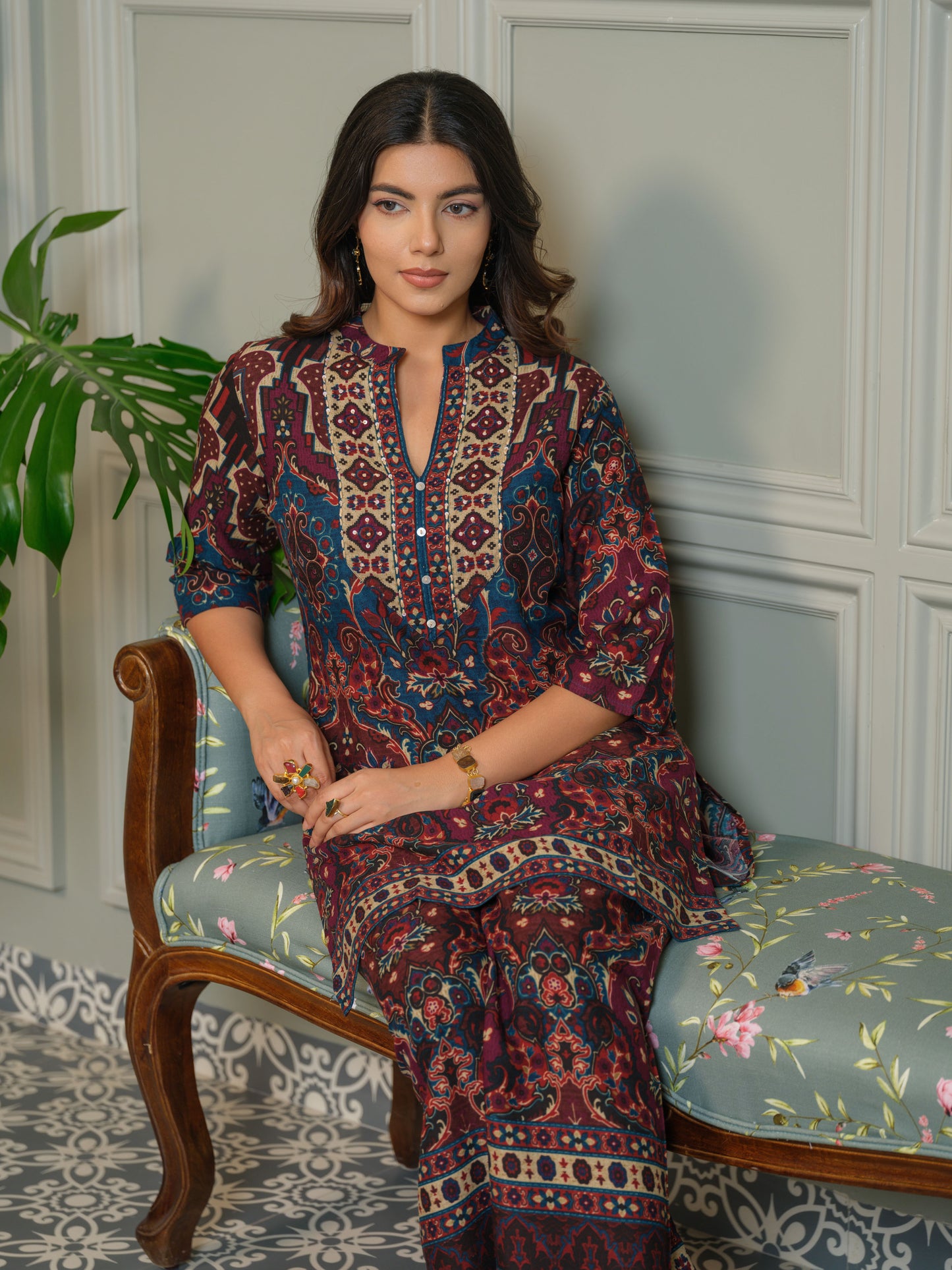 Ajrak Printed Mandarin Collar Neck Top With Trousers Co-Ords