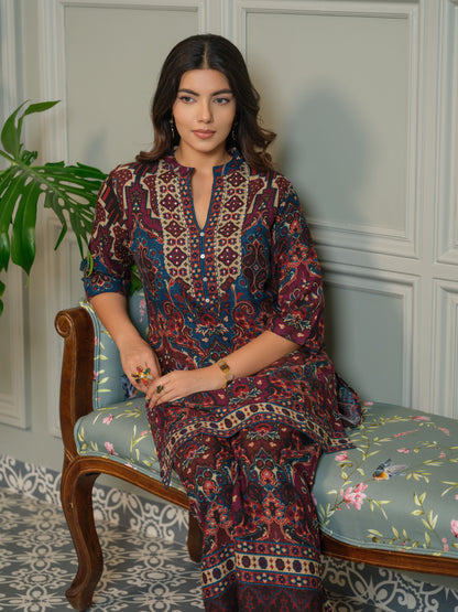 Ajrak Printed Mandarin Collar Neck Top With Trousers Co-Ords