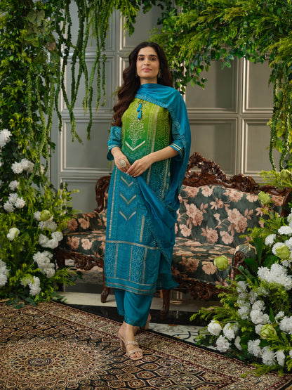 Teal & Green Crepe Silk Printed Kurta Set with Dupatta