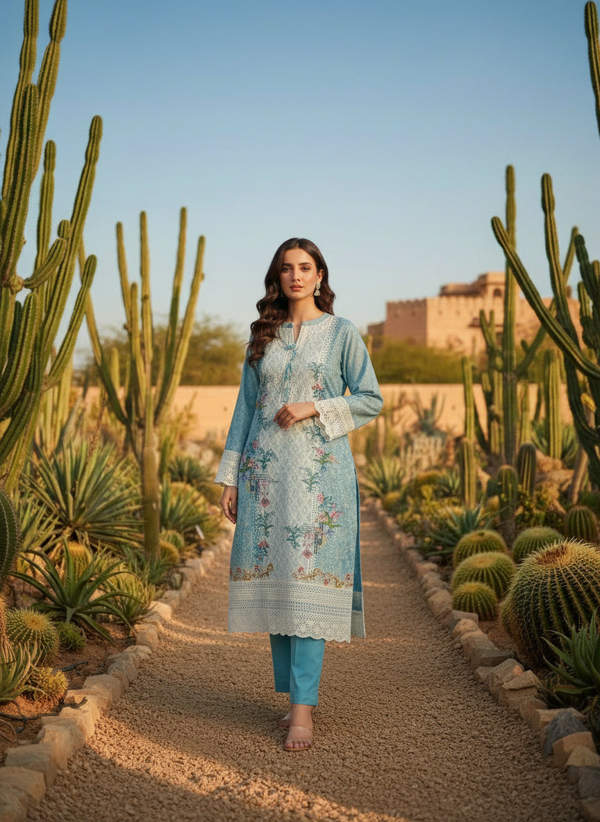 Printed Tissue V-Neck Kurta Trousers & Dupatta