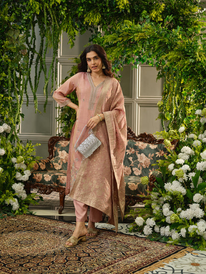 Peach Viscose Tissue Kurta Set with Jacquard Dupatta & Hand Embroidery