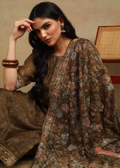 Women's Mustard Ethnic Motif Printed Kurta with Kantha & Sequin Work, Paired with Trousers and Dupatta
