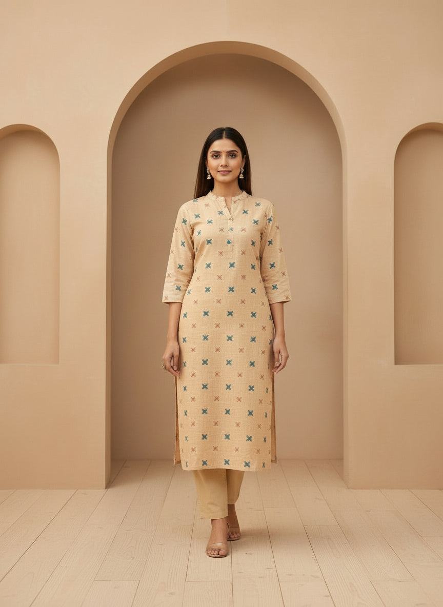 Printed Silk Blend Mandarin Collar Kurta & Trousers With Dupatta