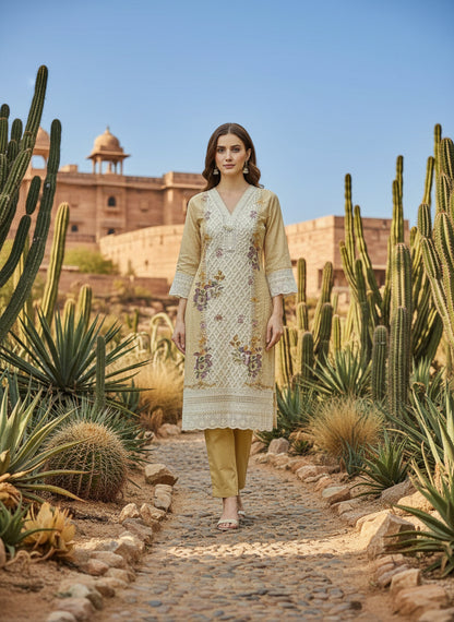 Printed Tissue V-Neck Kurta Trousers & Dupatta