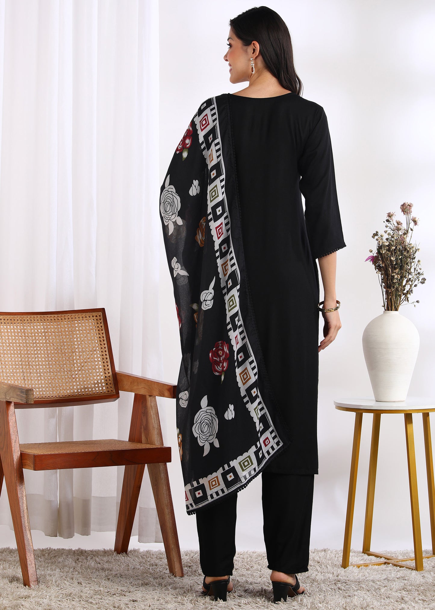 Women Black Rayon Embroidered Kurta Set with Printed Cotton Dupatta