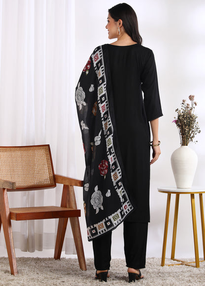 Women Black Rayon Embroidered Kurta Set with Printed Cotton Dupatta