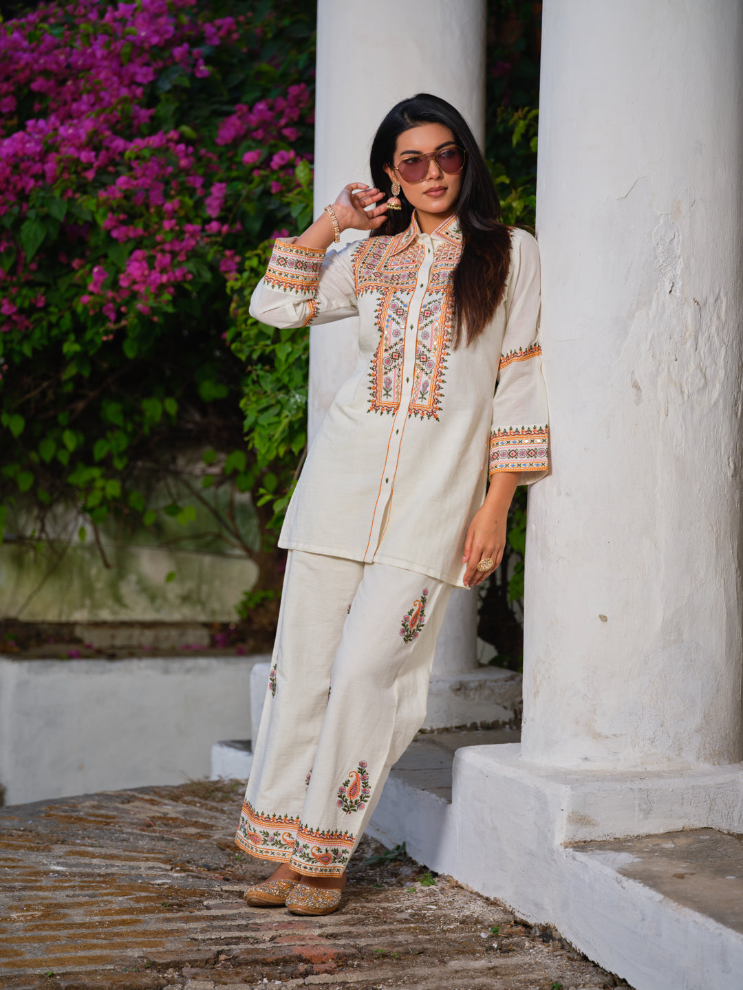 Embroidered Shirt Collar Top & Trousers Co-Ords Set