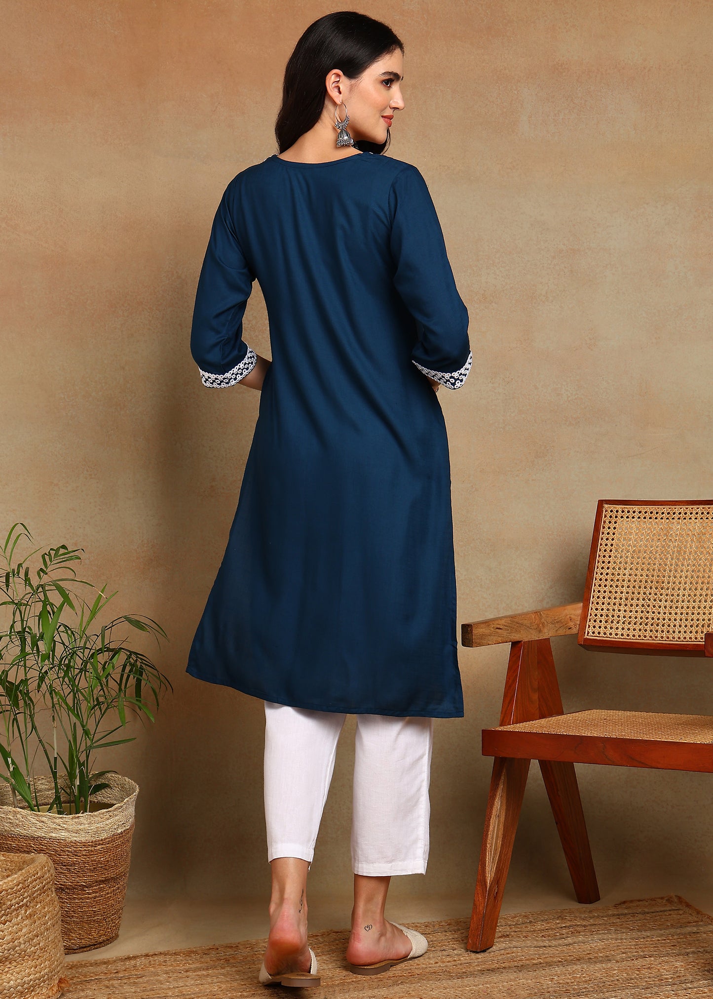 Navy-Blue Rayon Slub Kurti with White Embroidered Lace Detailing
