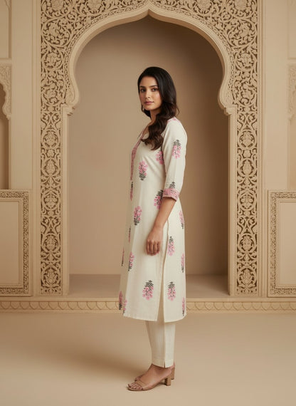 Printed Cotton V-Neck Calf Length Straight Kurta