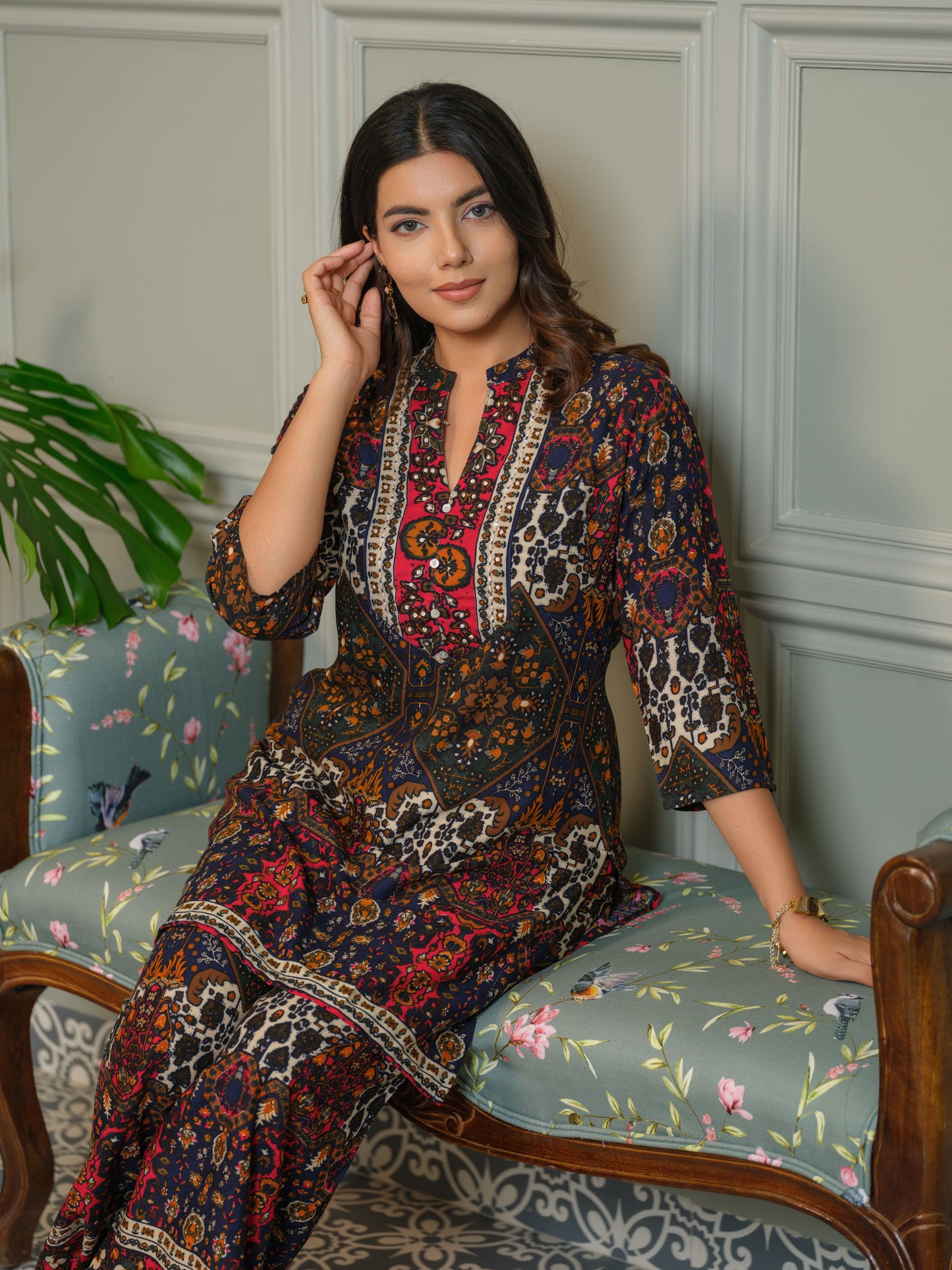 Printed Mandarin Collar Neck Top With Palazzos Co-Ords