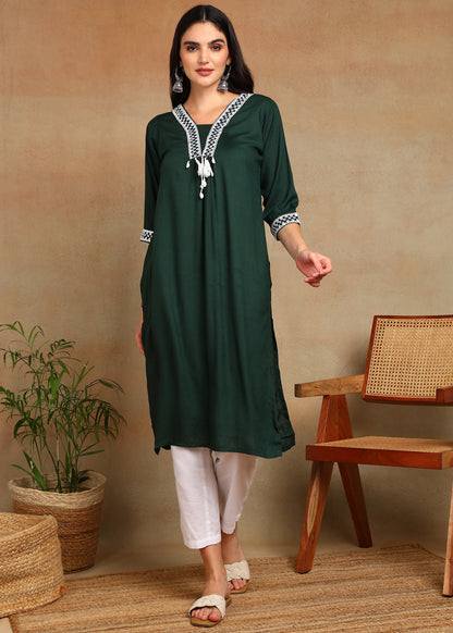 Bottle Green Rayon Slub Kurti with White Embroidered Lace Detailing