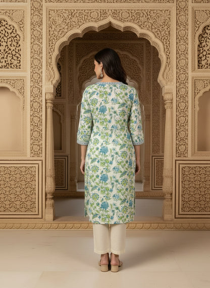 Printed Cotton V-Neck Calf Length Straight Kurta