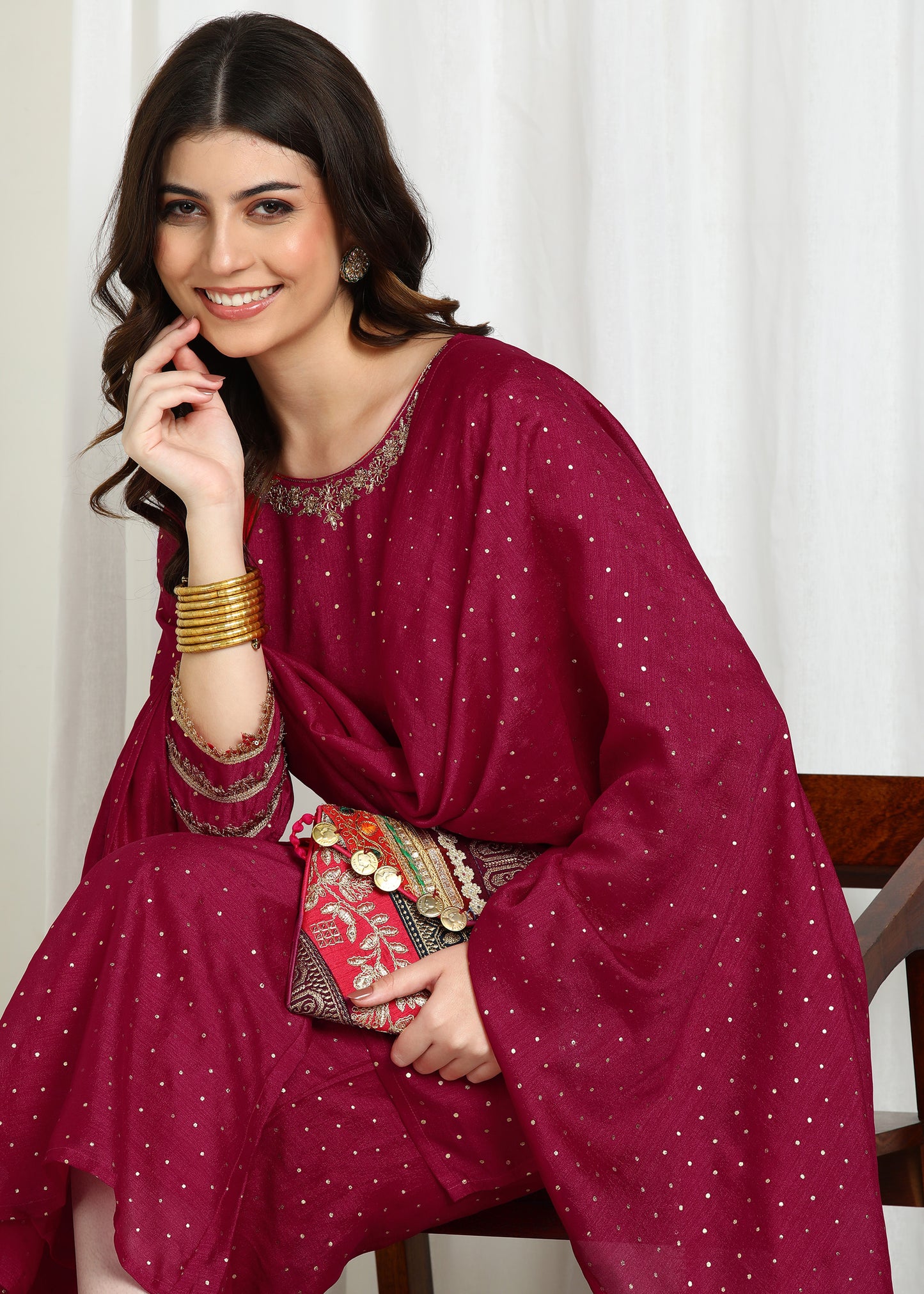 Burgundy Vichitra Foil Print & Embroidered Kurta Set with Lace Detailed Dupatta
