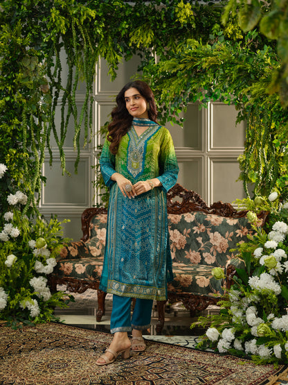 Teal Digital Print Kurta Set with Heavy Handwork