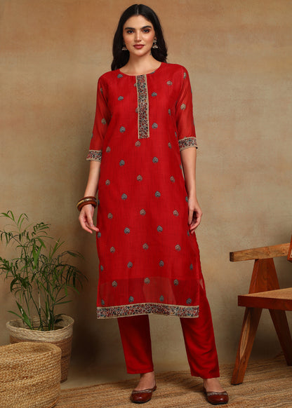 Women's Red Ethnic Motif Printed Kurta with Kantha & Sequin Work, Paired with Trousers and Dupatta