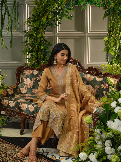 Mustard Viscose Tissue Kurta Set with Jacquard Dupatta & Hand Embroidery