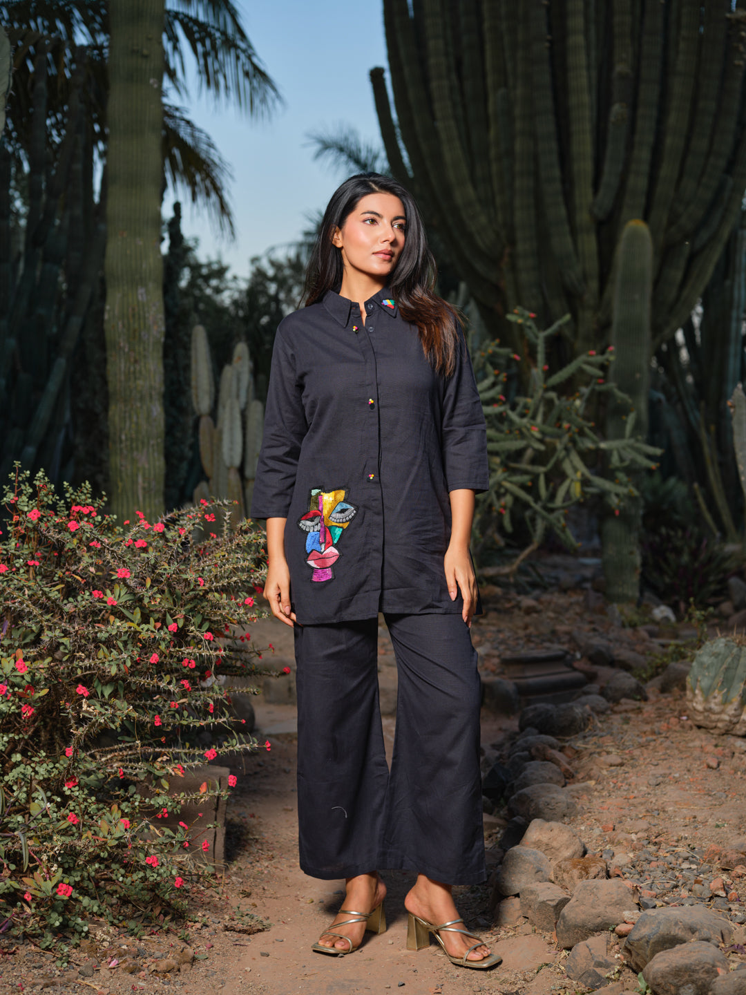 Black & Red Embroidered Cotton-Flex Shirt & Trousers Co-ord Set