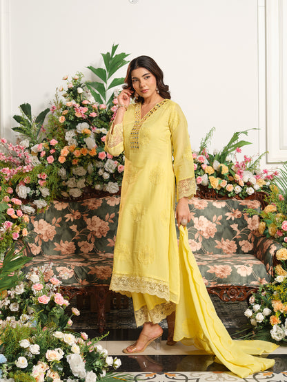 Yellow Embroidered A-Line Mal Chanderi Kurta Set with Dupatta.