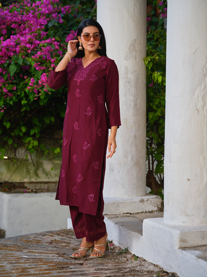 Viscose Embroidered V-Neck Kurta & Trousers Sets