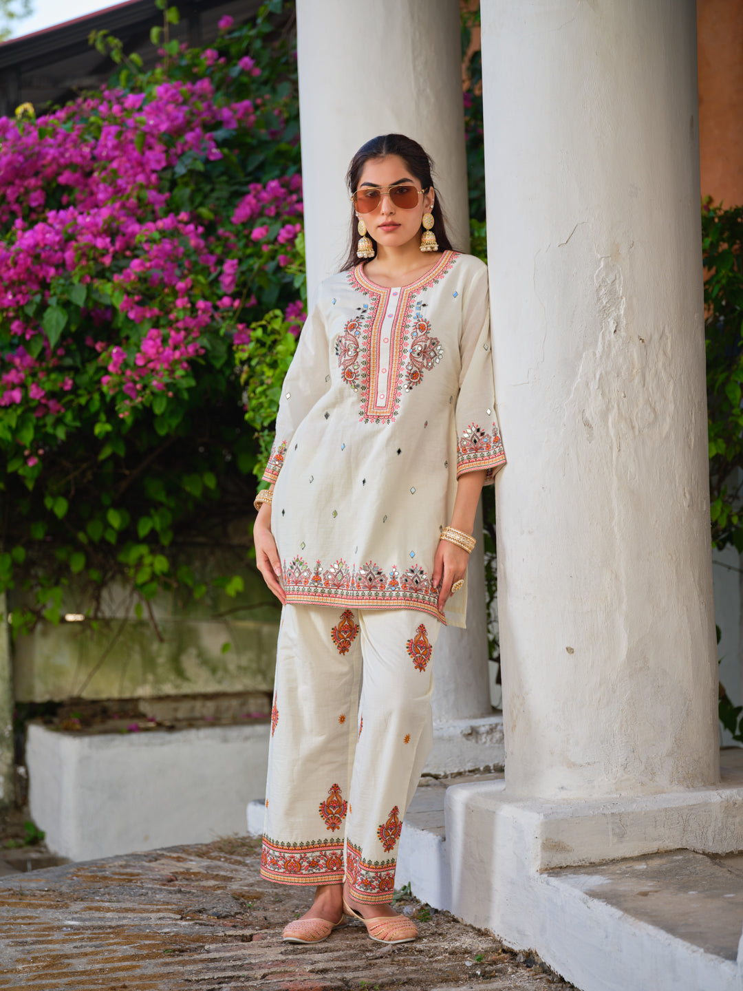 Embroidered Round Neck Top & Trousers Co-Ords Set