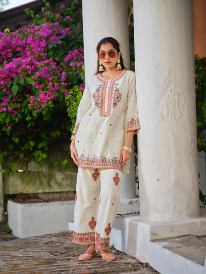 Embroidered Round Neck Top & Trousers Co-Ords Set