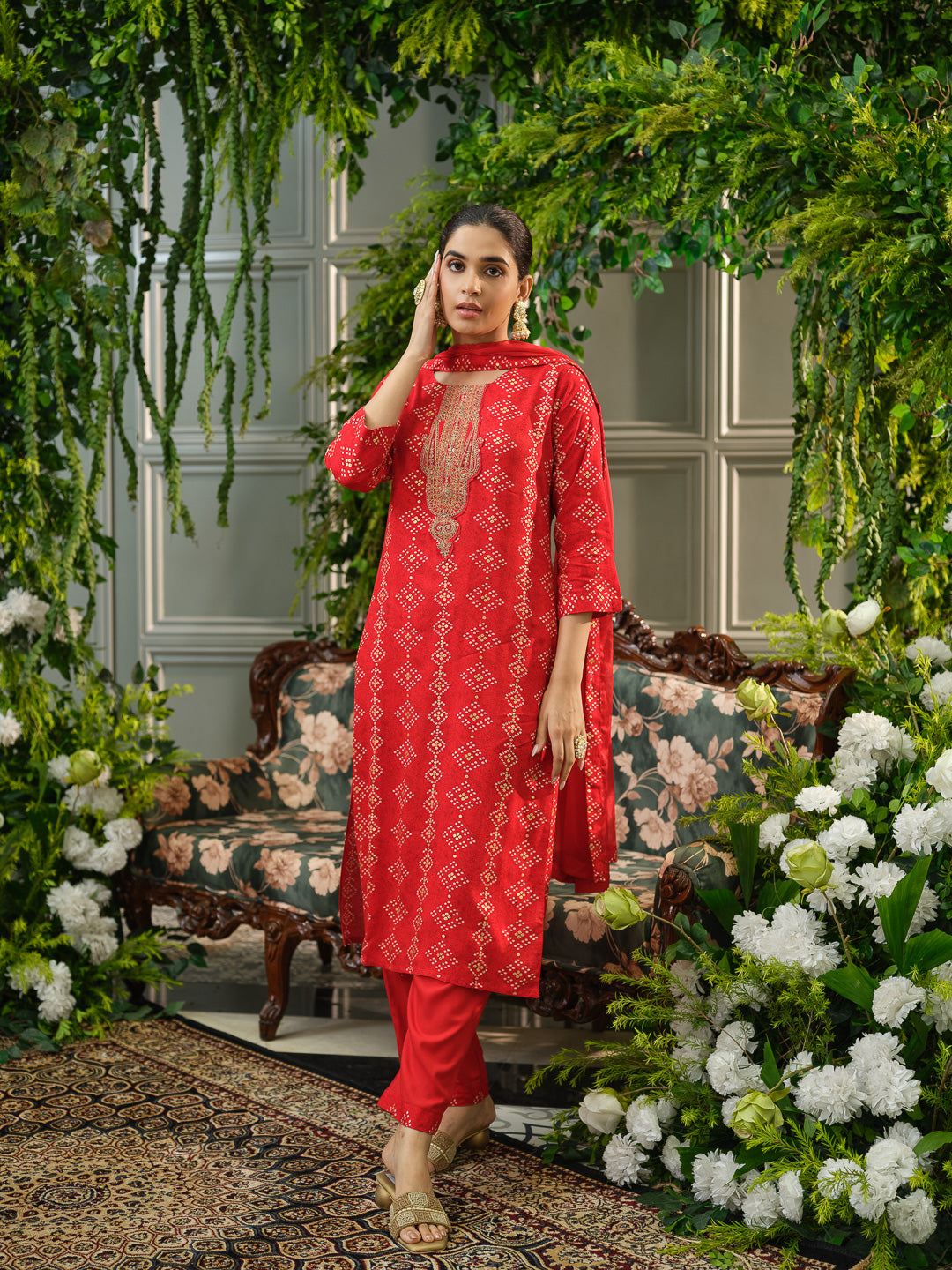 Red Embroidered Kurta Set with Matching Pants & Dupatta