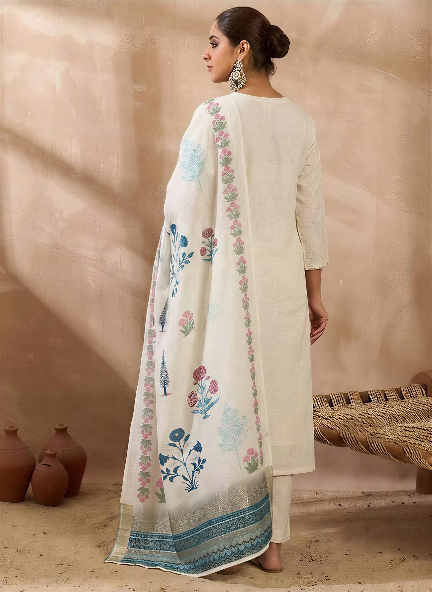 Off-White Embroidered Kurta Set with Trousers and Printed Dupatta for Women