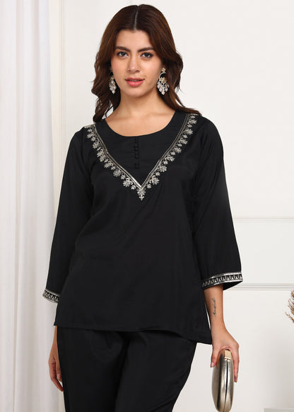 Elegant Black Embroidered Co-ord Set with Bell Sleeves
