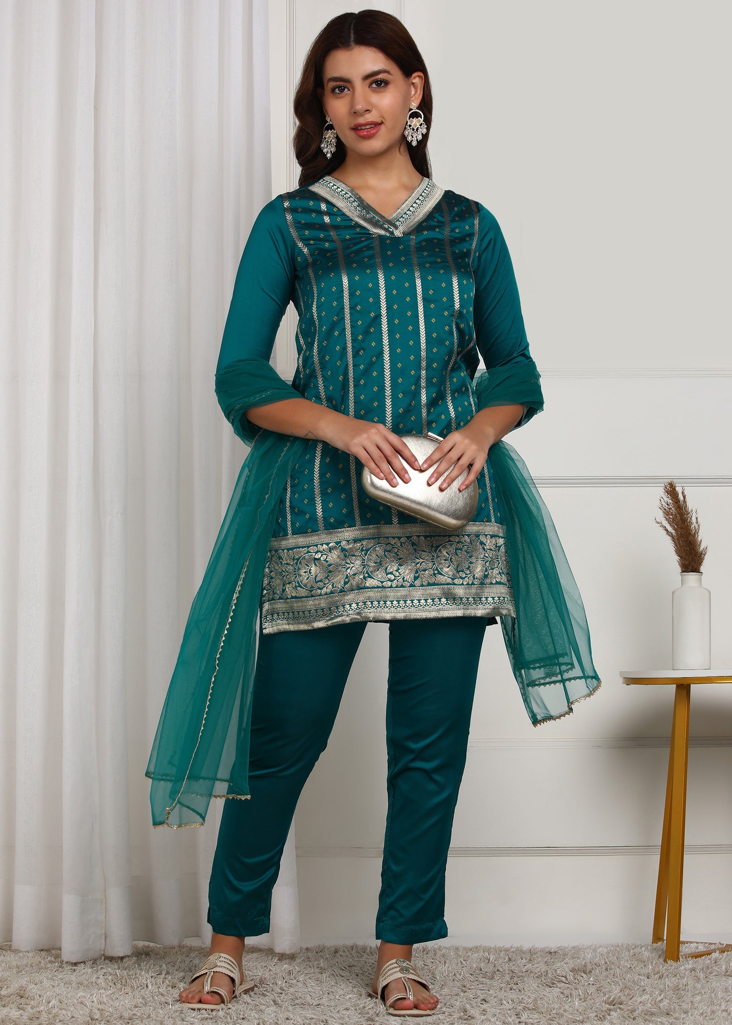 Teal Blue Embroidered Kurta Set with Dupatta