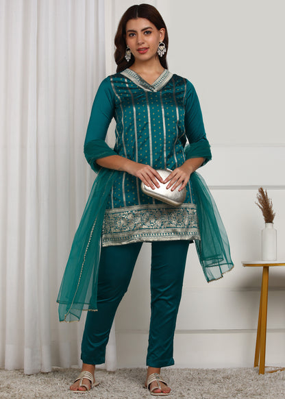 Teal Blue Embroidered Kurta Set with Dupatta