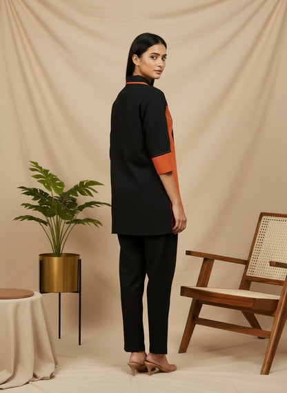 Colorblock Cotton Shirt Co-Ord Set with Contrast Collar & Panel Detailing