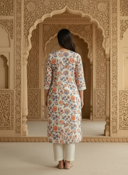 Printed Cotton V-Neck Calf Length Straight Kurta