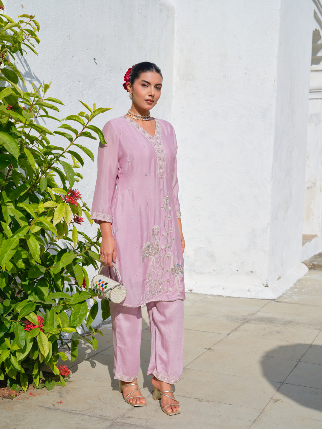 Embroidered V-Neck Kurta & Trousers Kurta Sets