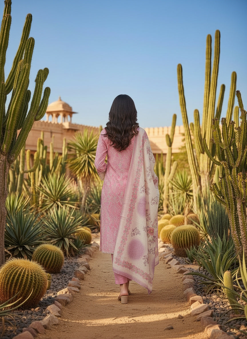 Printed Tissue V-Neck Kurta Trousers & Dupatta