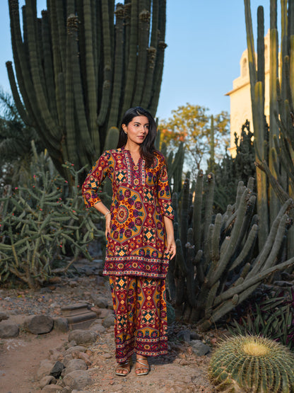 Printed Mandarin Collar Top & Palazzos Co-Ords