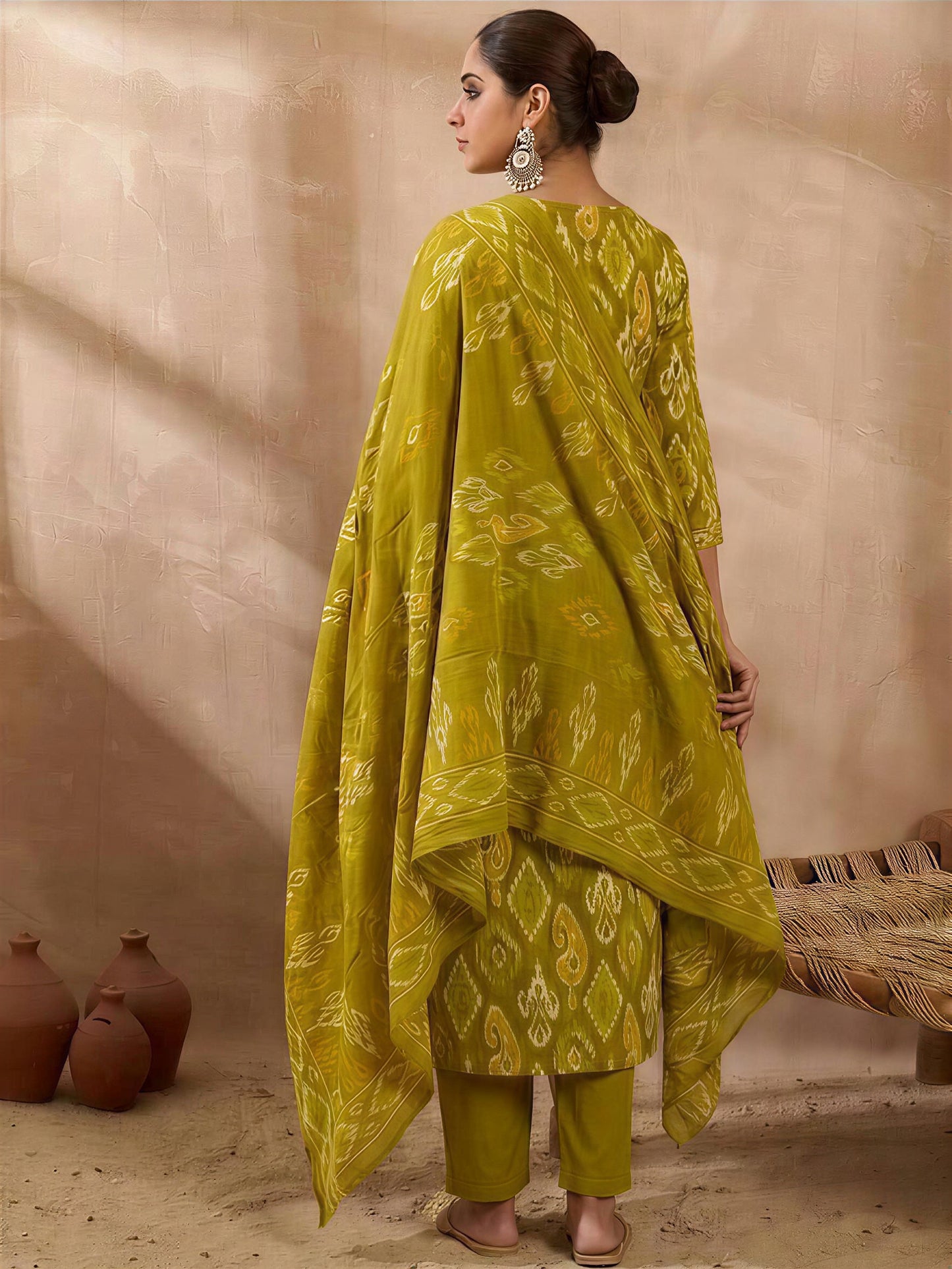 Green Embroidered A-Line Kurta Set with Round Neck, Three-Quarter Sleeves, Solid Trousers and Printed Dupatta for Women
