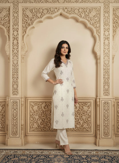 Printed Cotton V-Neck Calf Length Straight Kurta