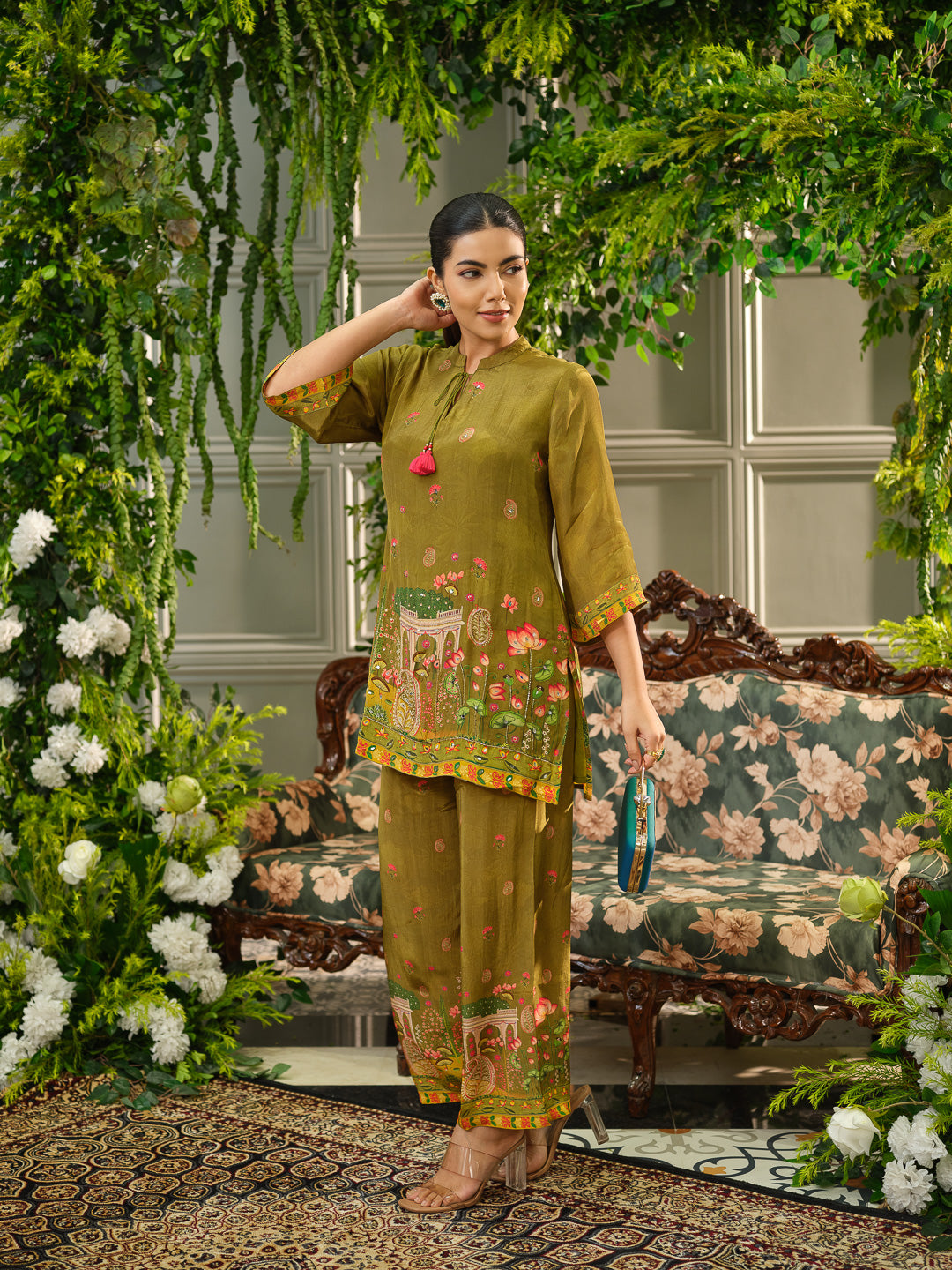 Olive Green Digital Print Co-ord Set with Handwork