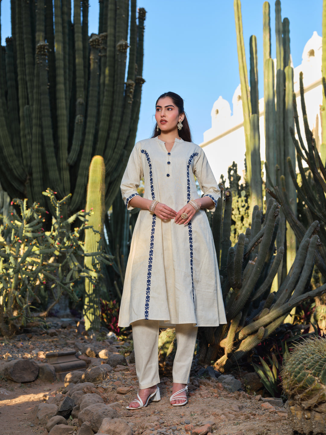 Embroidered Pure Cotton Mandarin Collar A-Line Kurta & Trousers