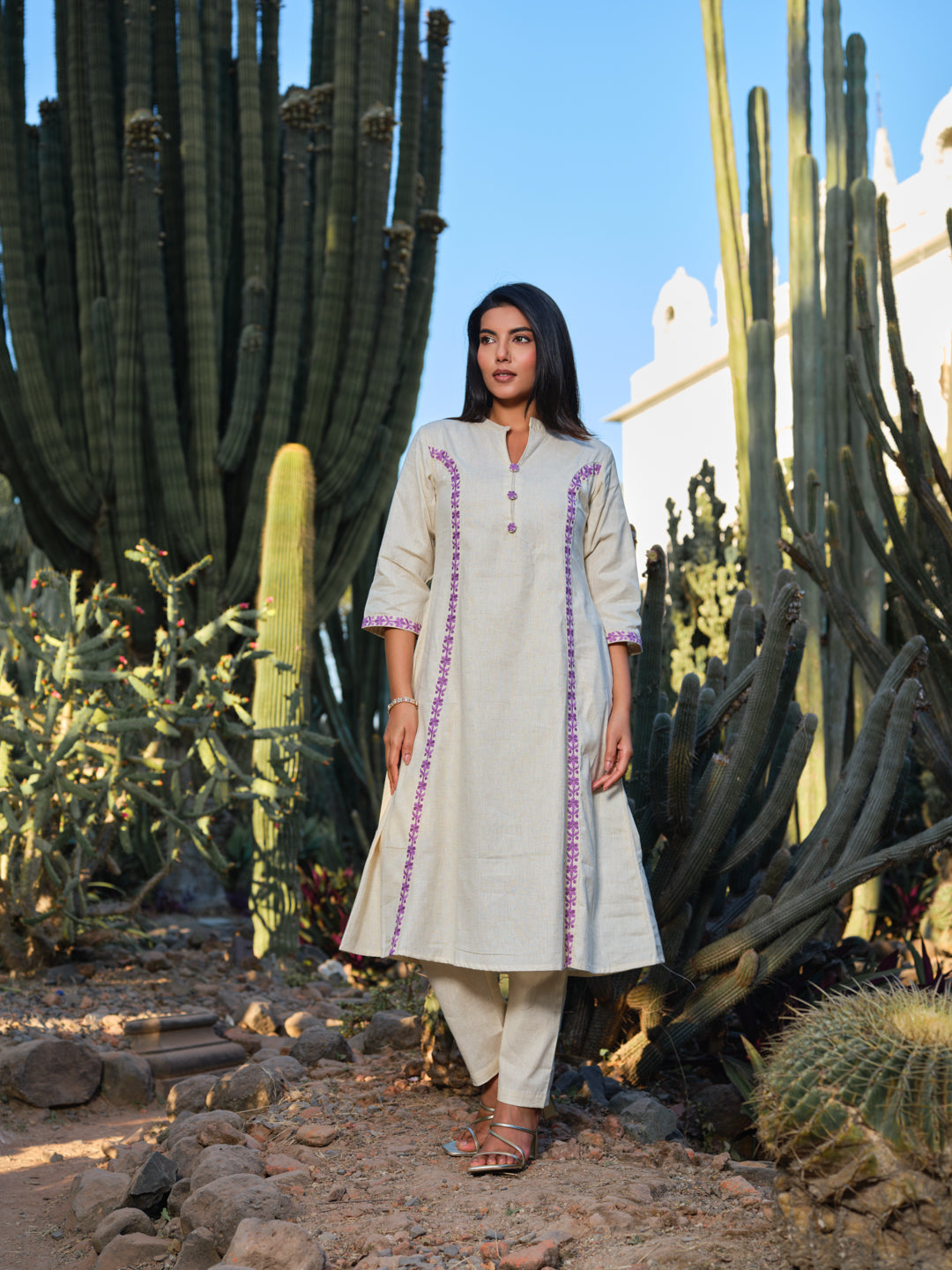 Embroidered Pure Cotton Mandarin Collar A-Line Kurta & Trousers