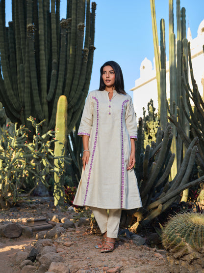 Embroidered Pure Cotton Mandarin Collar A-Line Kurta & Trousers