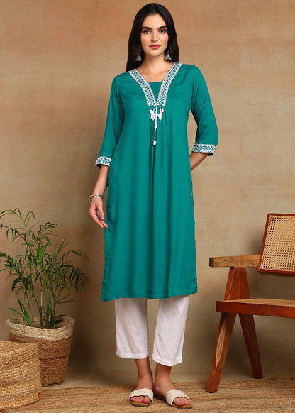Teal Rayon Slub Kurti with White Embroidered Lace Detailing