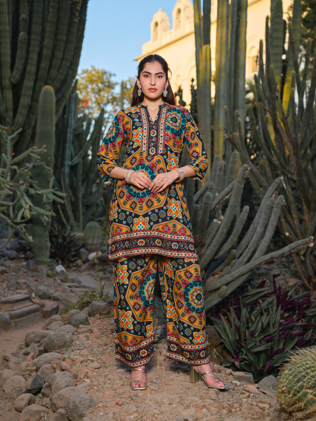 Printed Mandarin Collar Top & Palazzos Co-Ords