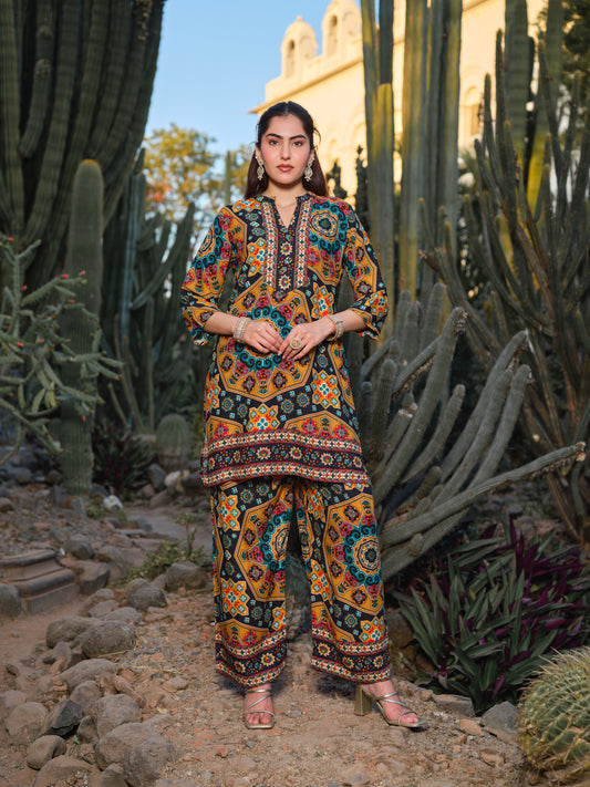 Printed Mandarin Collar Top & Palazzos Co-Ords