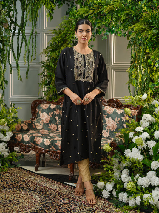 Elegant Black Embroidered Kurta Set with Golden Motifs