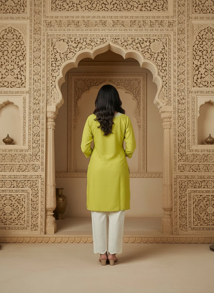 Floral Embroidered Notch Neck Straight Kurtis