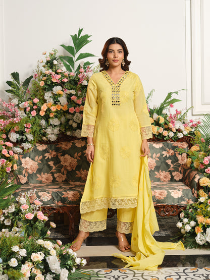 Yellow Embroidered A-Line Mal Chanderi Kurta Set with Dupatta.