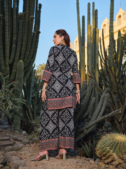 Printed Mandarin Collar Top & Palazzos Co-Ords