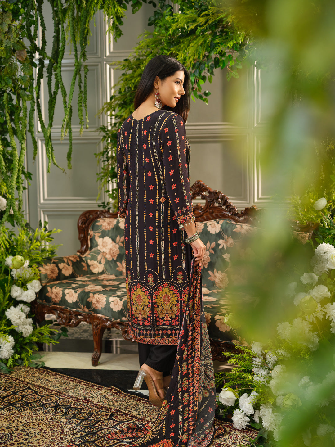 Black Digital Print Kurta Set with Heavy Handwork